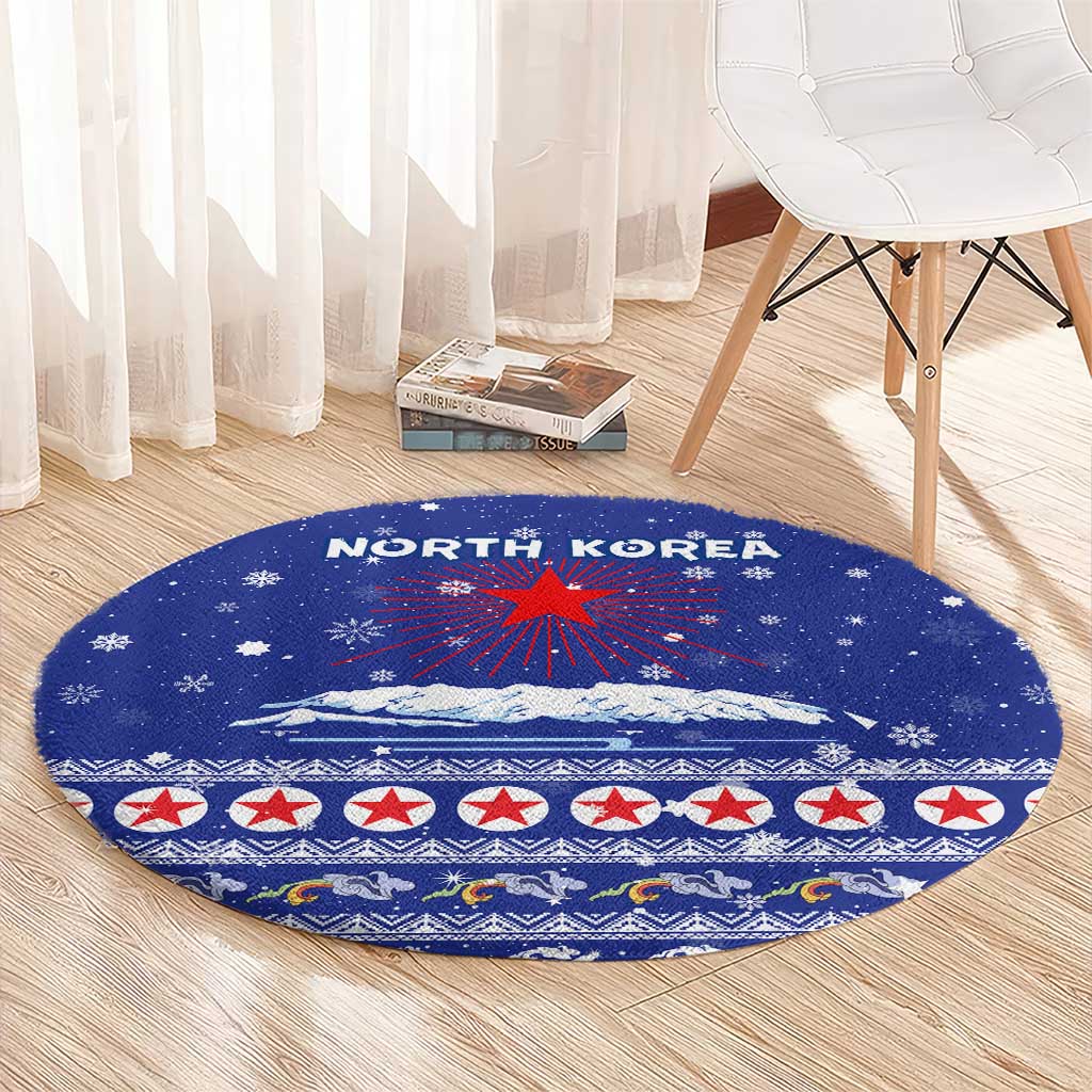 North Korea Christmas Round Carpet with Blue Pattern, Red Star, and Snowy Mountain Motif - Wonder Print Shop