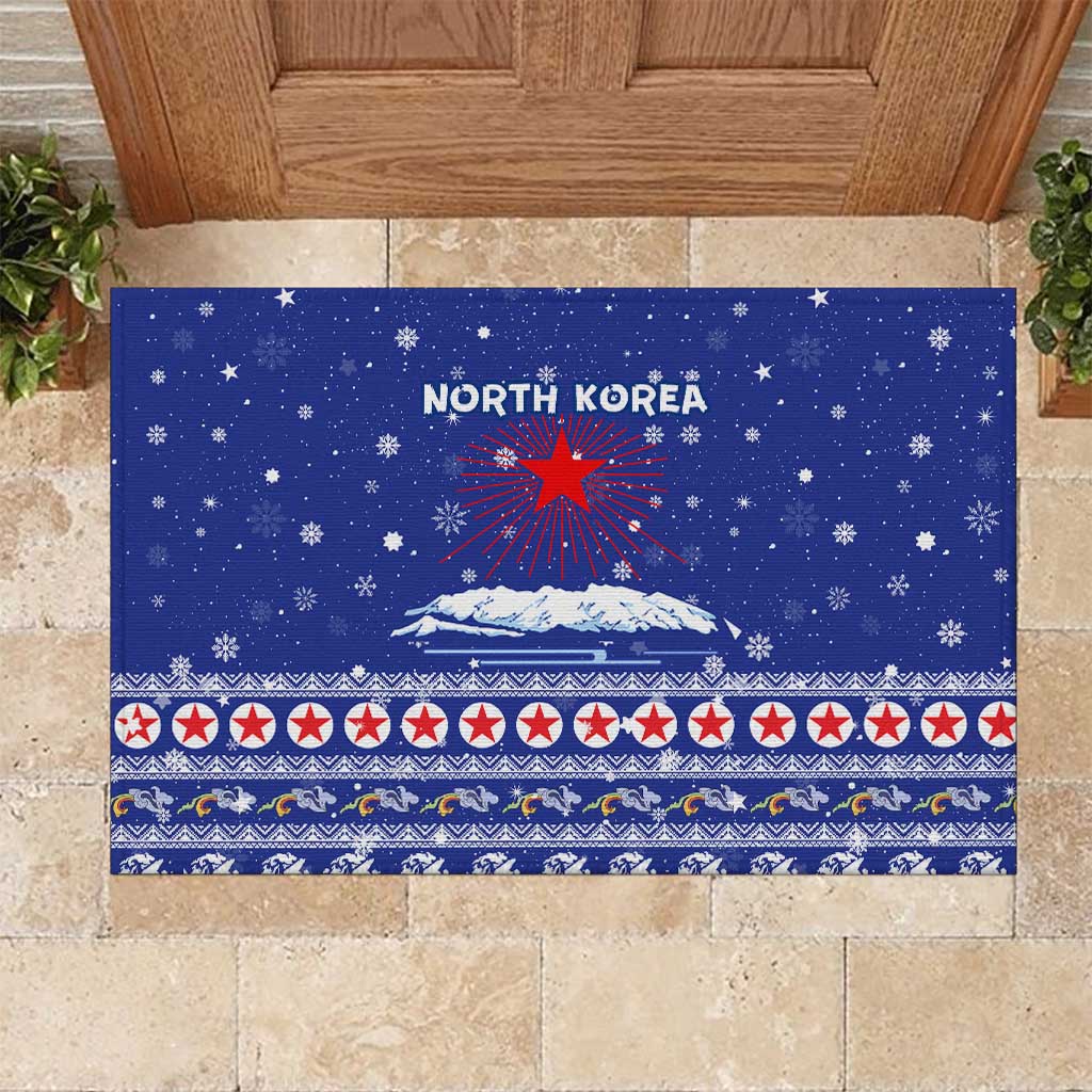North Korea Christmas Rubber Doormat with Blue Pattern, Red Star, and Snowy Mountain Motif - Wonder Print Shop