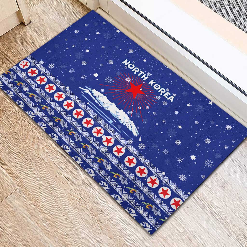 North Korea Christmas Rubber Doormat with Blue Pattern, Red Star, and Snowy Mountain Motif - Wonder Print Shop