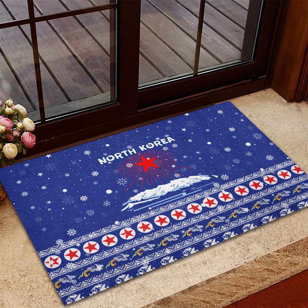 North Korea Christmas Rubber Doormat with Blue Pattern, Red Star, and Snowy Mountain Motif - Wonder Print Shop