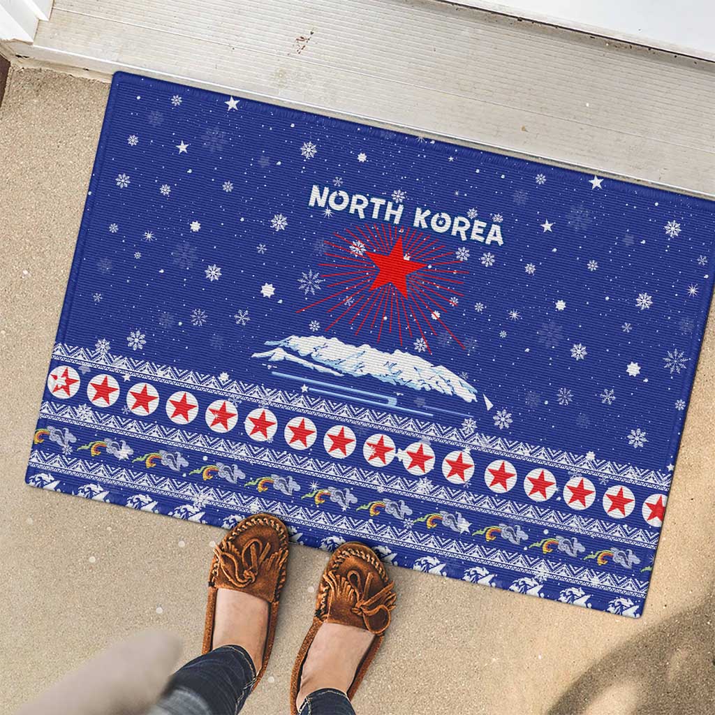 North Korea Christmas Rubber Doormat with Blue Pattern, Red Star, and Snowy Mountain Motif - Wonder Print Shop