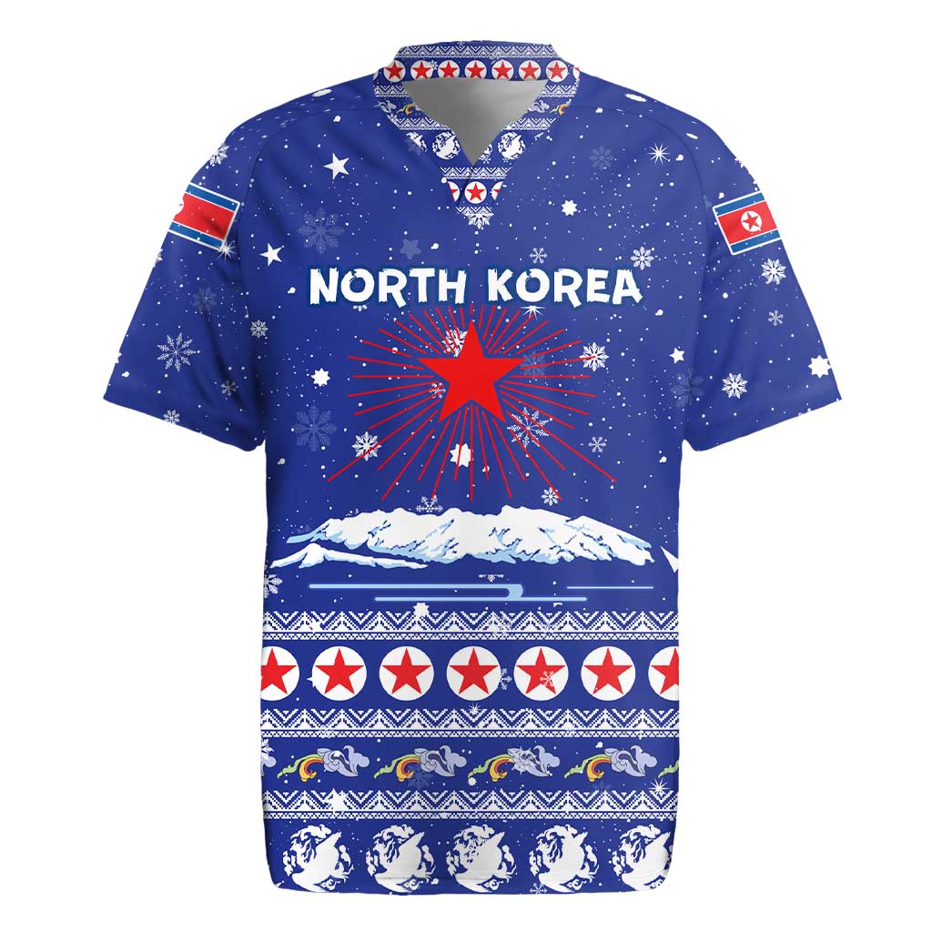 North Korea Christmas Rugby Jersey with Blue Pattern, Red Star, and Snowy Mountain Motif - Wonder Print Shop