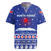 North Korea Christmas Rugby Jersey with Blue Pattern, Red Star, and Snowy Mountain Motif - Wonder Print Shop