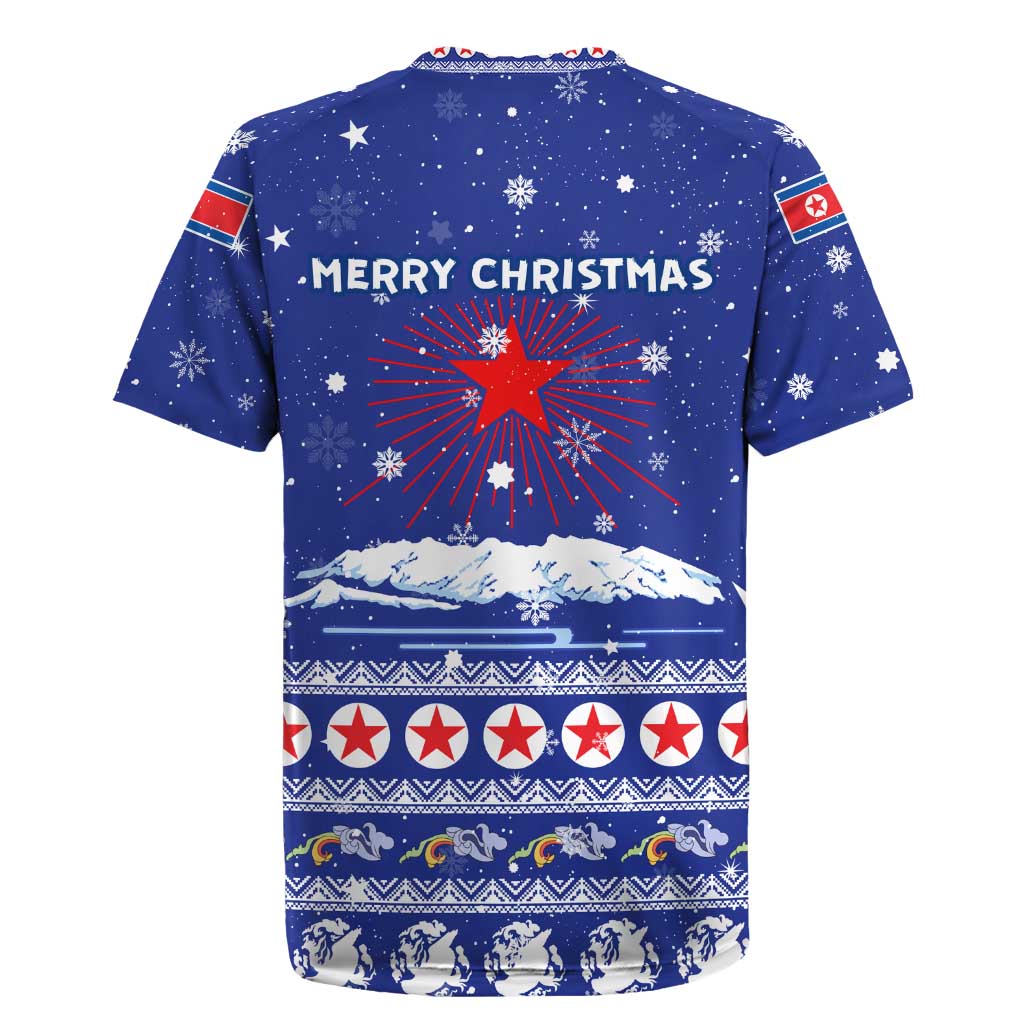 North Korea Christmas Rugby Jersey with Blue Pattern, Red Star, and Snowy Mountain Motif - Wonder Print Shop