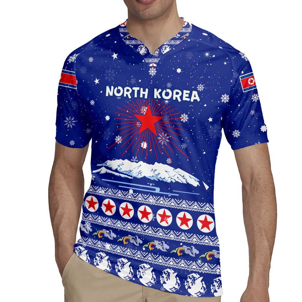 North Korea Christmas Rugby Jersey with Blue Pattern, Red Star, and Snowy Mountain Motif - Wonder Print Shop