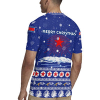 North Korea Christmas Rugby Jersey with Blue Pattern, Red Star, and Snowy Mountain Motif - Wonder Print Shop
