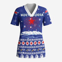 North Korea Christmas Scrub Top with Blue Pattern, Red Star, and Snowy Mountain Motif - Wonder Print Shop