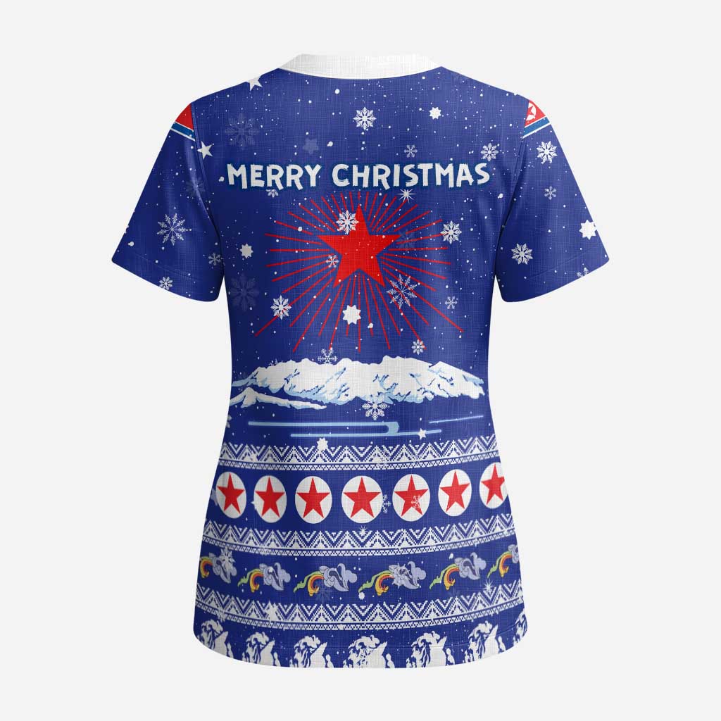 North Korea Christmas Scrub Top with Blue Pattern, Red Star, and Snowy Mountain Motif - Wonder Print Shop
