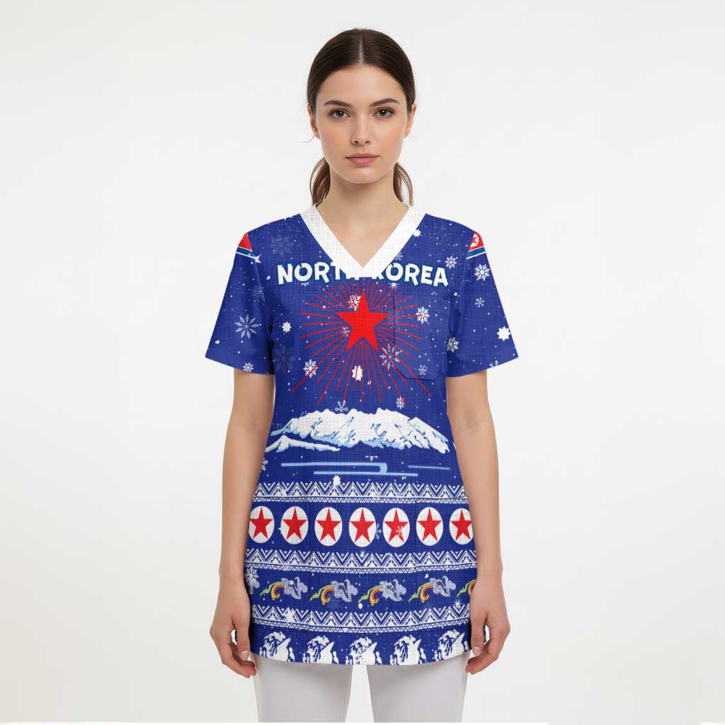 North Korea Christmas Scrub Top with Blue Pattern, Red Star, and Snowy Mountain Motif - Wonder Print Shop