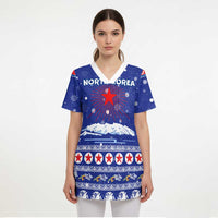 North Korea Christmas Scrub Top with Blue Pattern, Red Star, and Snowy Mountain Motif - Wonder Print Shop