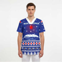 North Korea Christmas Scrub Top with Blue Pattern, Red Star, and Snowy Mountain Motif - Wonder Print Shop
