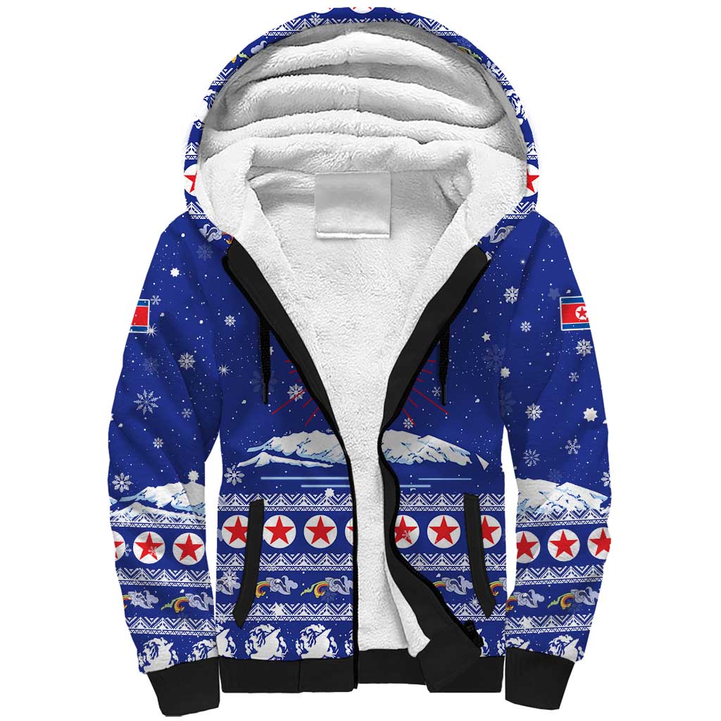 North Korea Christmas Sherpa Hoodie with Blue Pattern, Red Star, and Snowy Mountain Motif - Wonder Print Shop