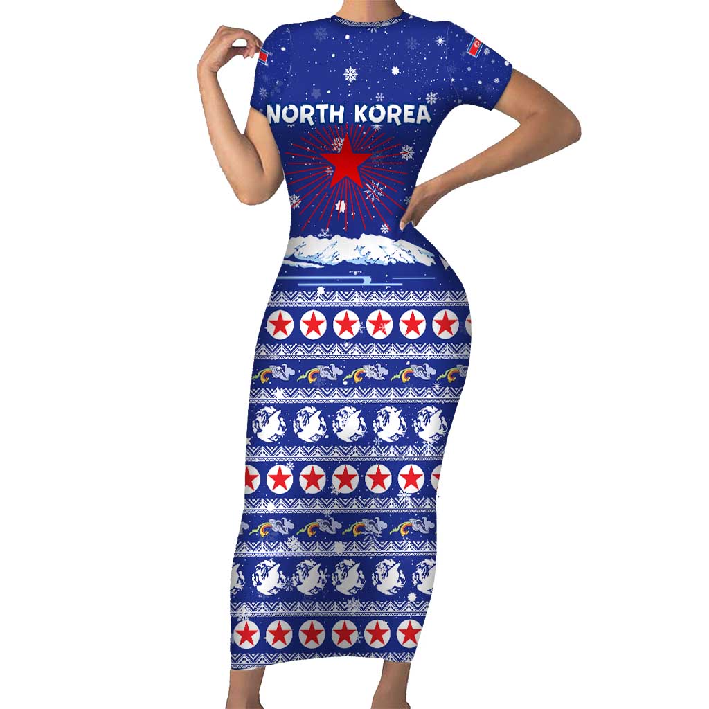 North Korea Christmas Short Sleeve Bodycon Dress with Blue Pattern, Red Star, and Snowy Mountain Motif - Wonder Print Shop