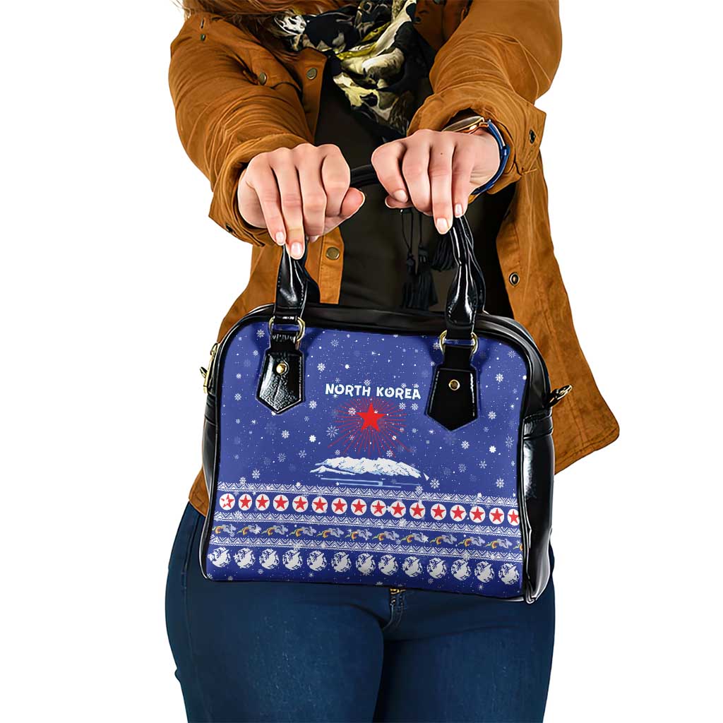 North Korea Christmas Shoulder Handbag with Blue Pattern, Red Star, and Snowy Mountain Motif - Wonder Print Shop