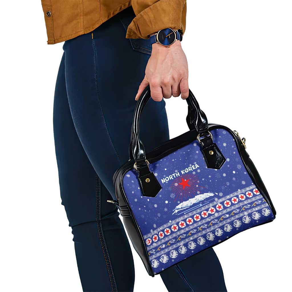 North Korea Christmas Shoulder Handbag with Blue Pattern, Red Star, and Snowy Mountain Motif - Wonder Print Shop