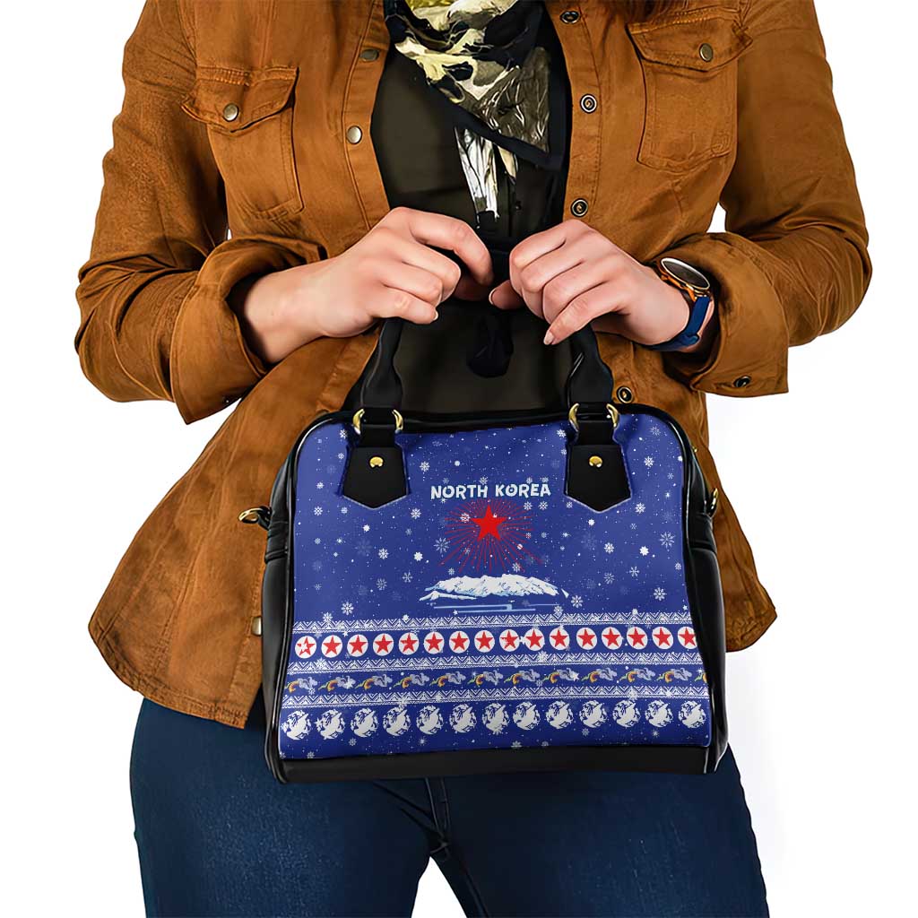 North Korea Christmas Shoulder Handbag with Blue Pattern, Red Star, and Snowy Mountain Motif - Wonder Print Shop