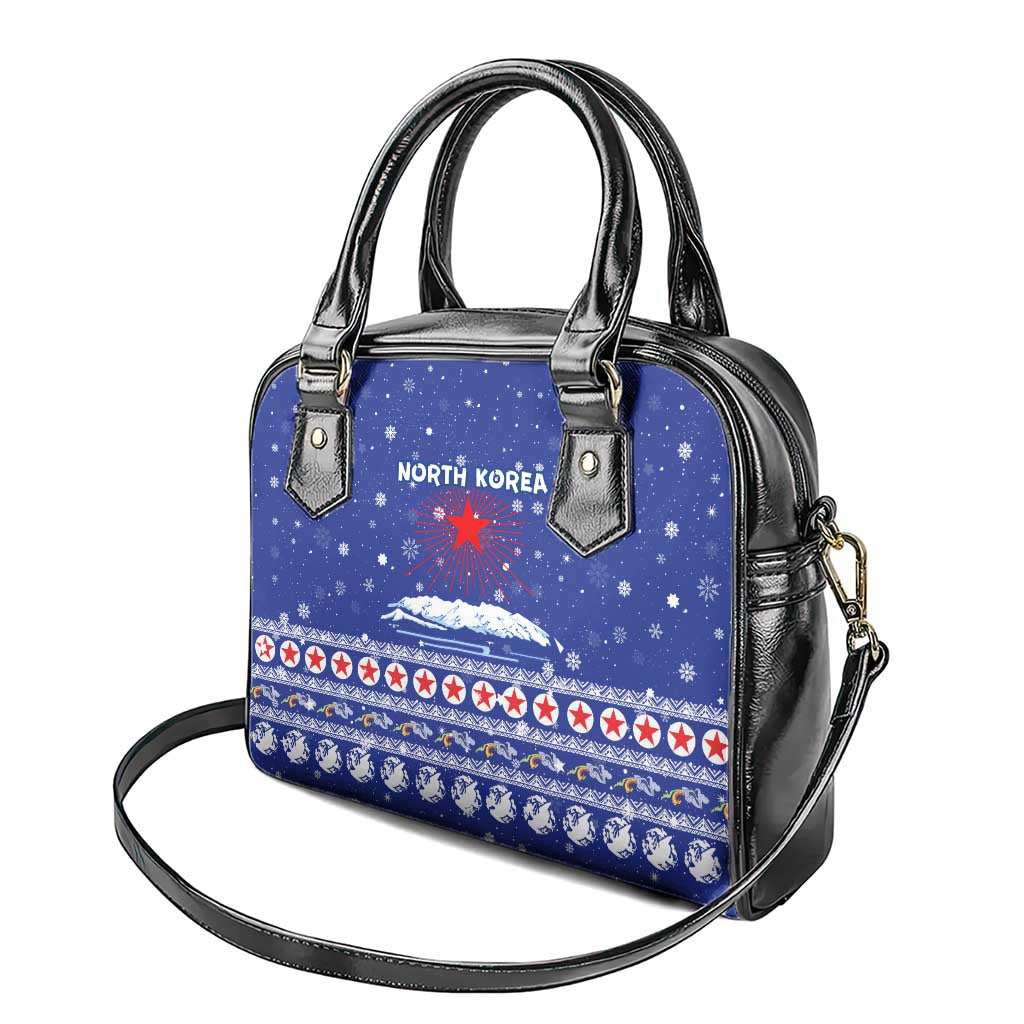 North Korea Christmas Shoulder Handbag with Blue Pattern, Red Star, and Snowy Mountain Motif - Wonder Print Shop