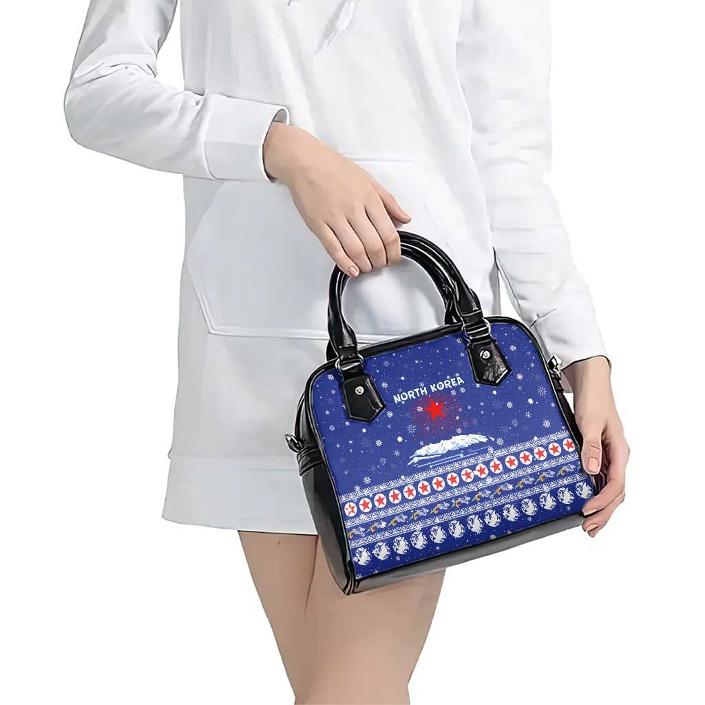 North Korea Christmas Shoulder Handbag with Blue Pattern, Red Star, and Snowy Mountain Motif - Wonder Print Shop