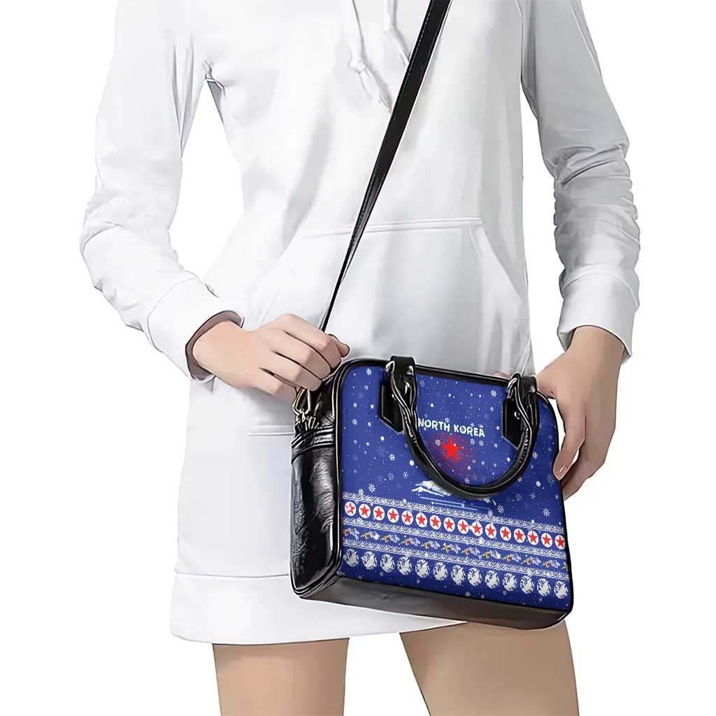 North Korea Christmas Shoulder Handbag with Blue Pattern, Red Star, and Snowy Mountain Motif - Wonder Print Shop