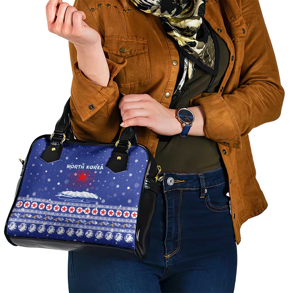 North Korea Christmas Shoulder Handbag with Blue Pattern, Red Star, and Snowy Mountain Motif - Wonder Print Shop