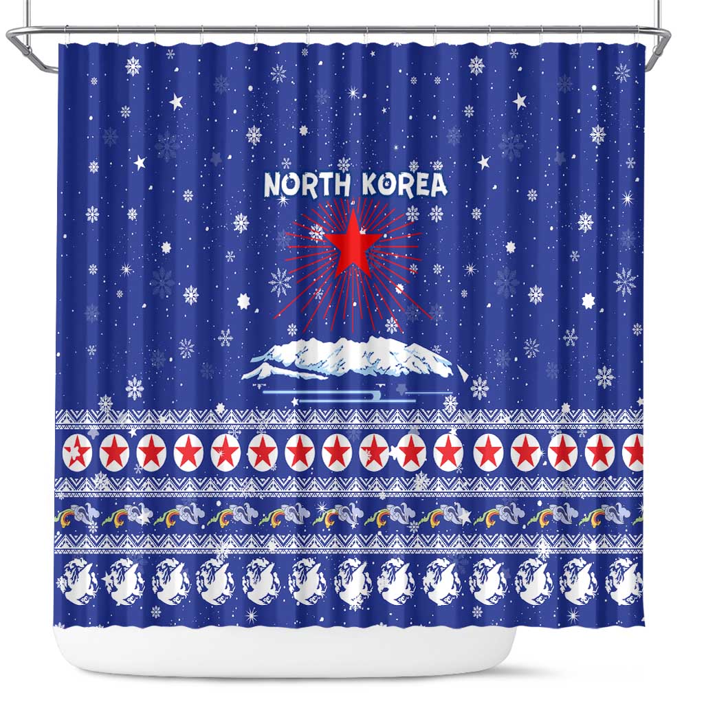 North Korea Christmas Shower Curtain with Blue Pattern, Red Star, and Snowy Mountain Motif - Wonder Print Shop