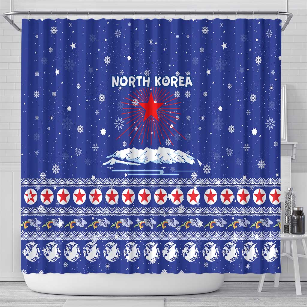 North Korea Christmas Shower Curtain with Blue Pattern, Red Star, and Snowy Mountain Motif - Wonder Print Shop