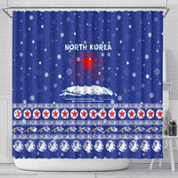 North Korea Christmas Shower Curtain with Blue Pattern, Red Star, and Snowy Mountain Motif - Wonder Print Shop