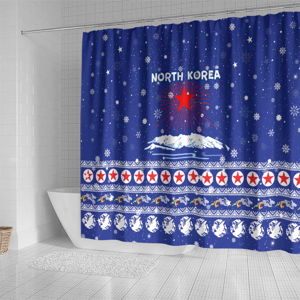 North Korea Christmas Shower Curtain with Blue Pattern, Red Star, and Snowy Mountain Motif - Wonder Print Shop