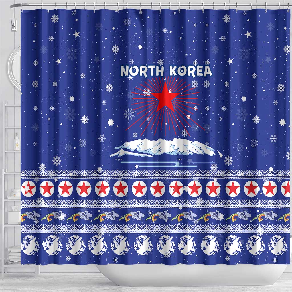 North Korea Christmas Shower Curtain with Blue Pattern, Red Star, and Snowy Mountain Motif - Wonder Print Shop