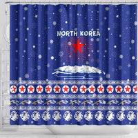 North Korea Christmas Shower Curtain with Blue Pattern, Red Star, and Snowy Mountain Motif - Wonder Print Shop