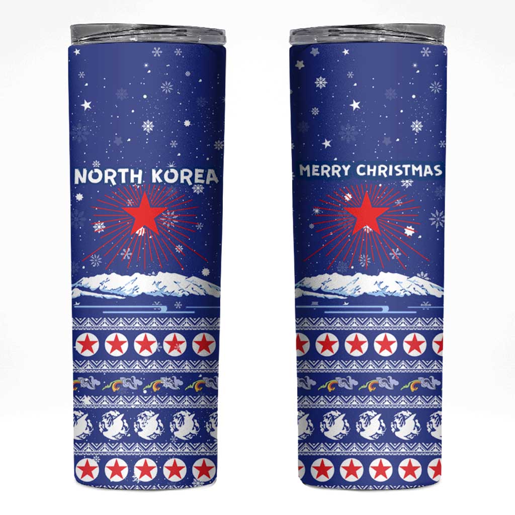 North Korea Christmas Skinny Tumbler with Blue Pattern, Red Star, and Snowy Mountain Motif - Wonder Print Shop