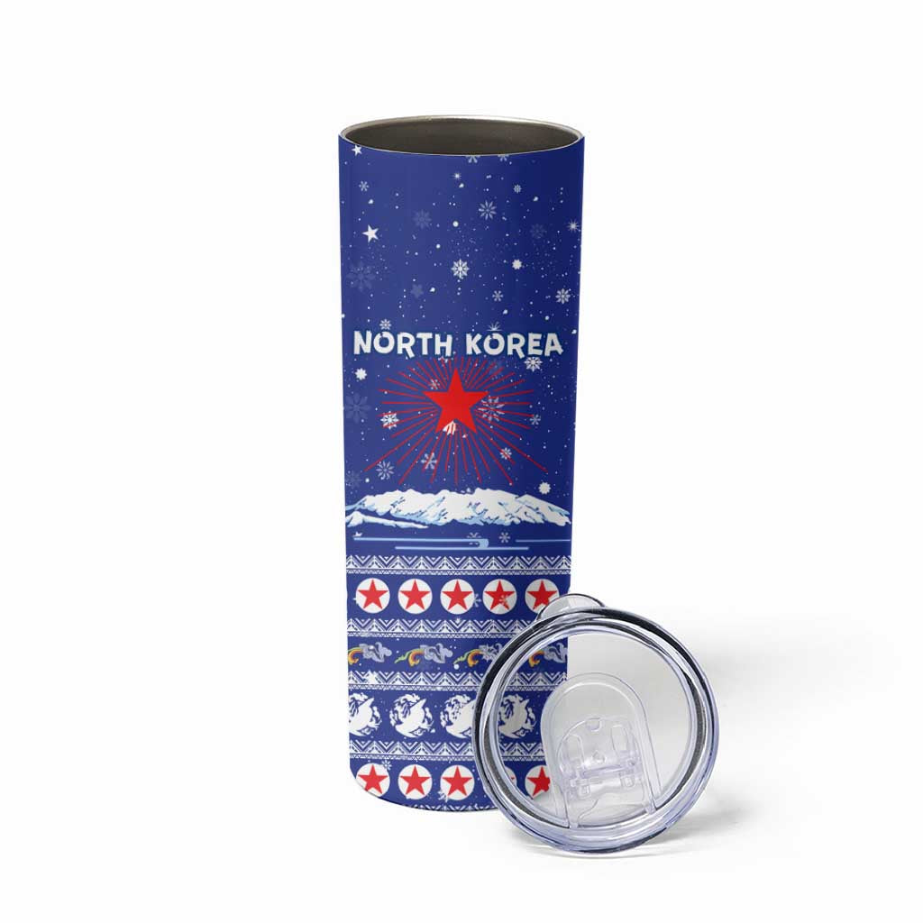North Korea Christmas Skinny Tumbler with Blue Pattern, Red Star, and Snowy Mountain Motif - Wonder Print Shop