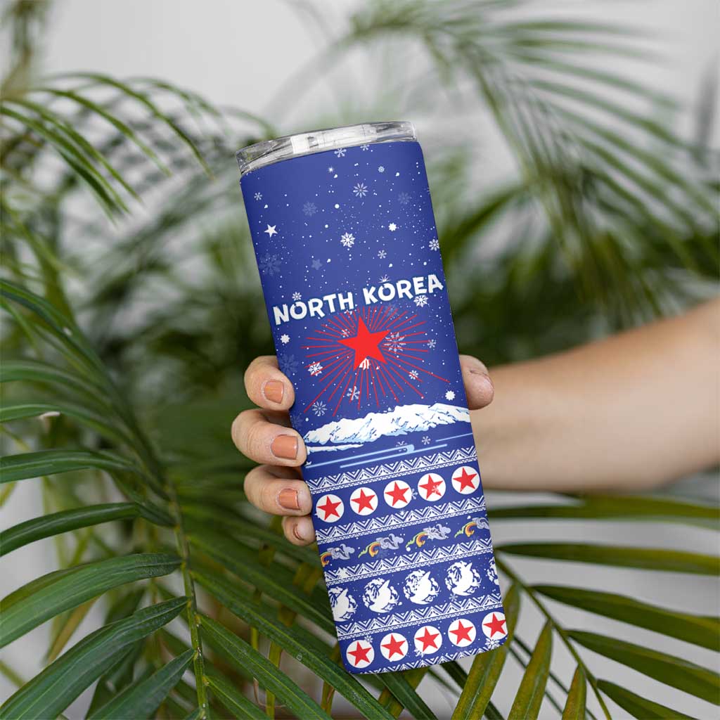 North Korea Christmas Skinny Tumbler with Blue Pattern, Red Star, and Snowy Mountain Motif - Wonder Print Shop