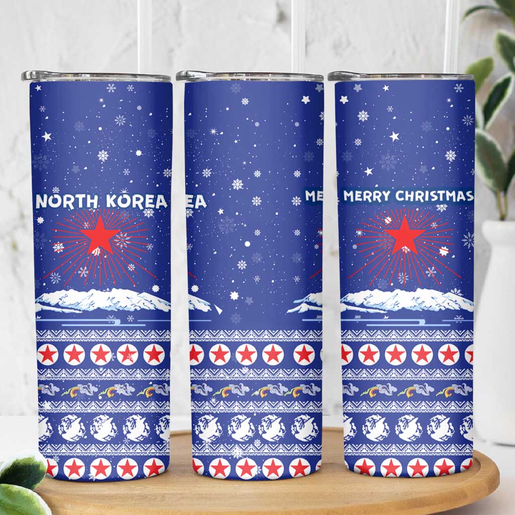 North Korea Christmas Skinny Tumbler with Blue Pattern, Red Star, and Snowy Mountain Motif - Wonder Print Shop