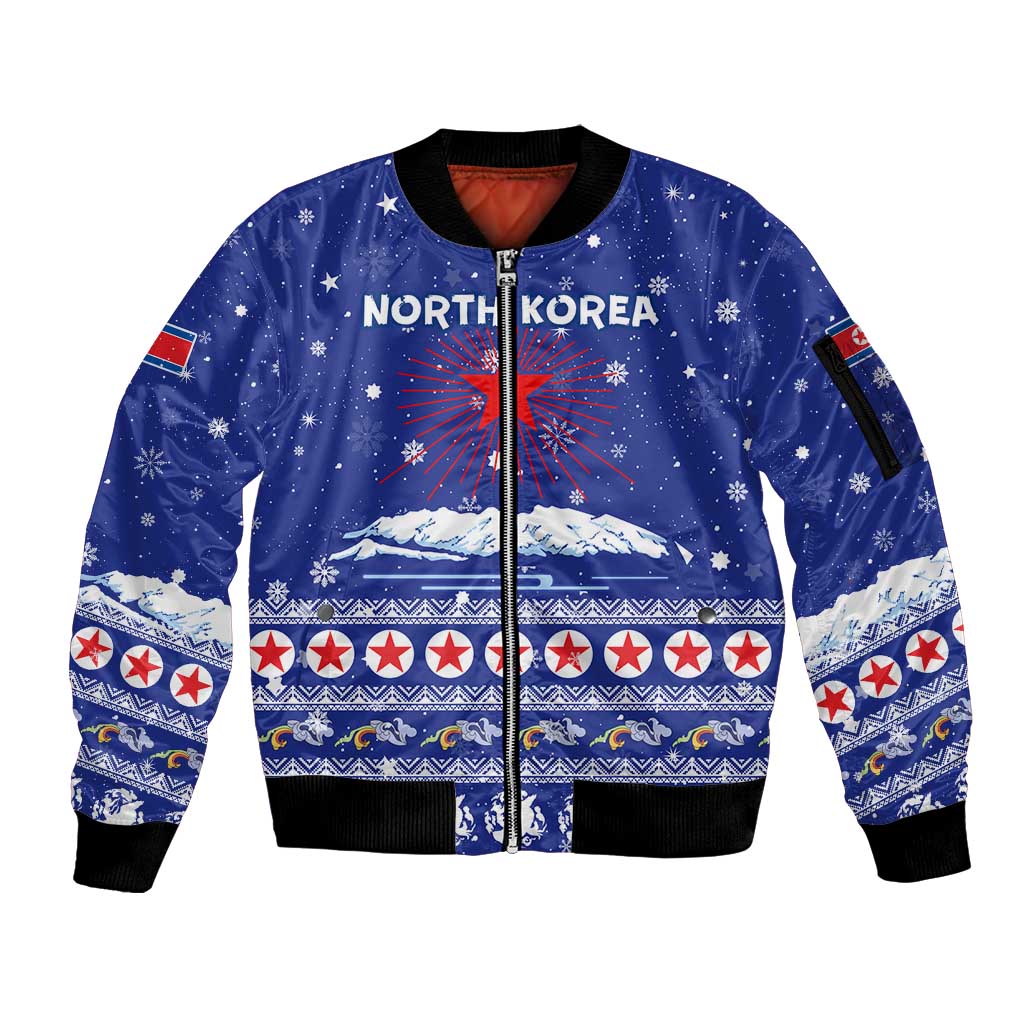 North Korea Christmas Sleeve Zip Bomber Jacket with Blue Pattern, Red Star, and Snowy Mountain Motif - Wonder Print Shop