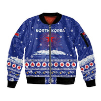 North Korea Christmas Sleeve Zip Bomber Jacket with Blue Pattern, Red Star, and Snowy Mountain Motif - Wonder Print Shop