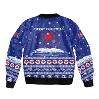 North Korea Christmas Sleeve Zip Bomber Jacket with Blue Pattern, Red Star, and Snowy Mountain Motif - Wonder Print Shop