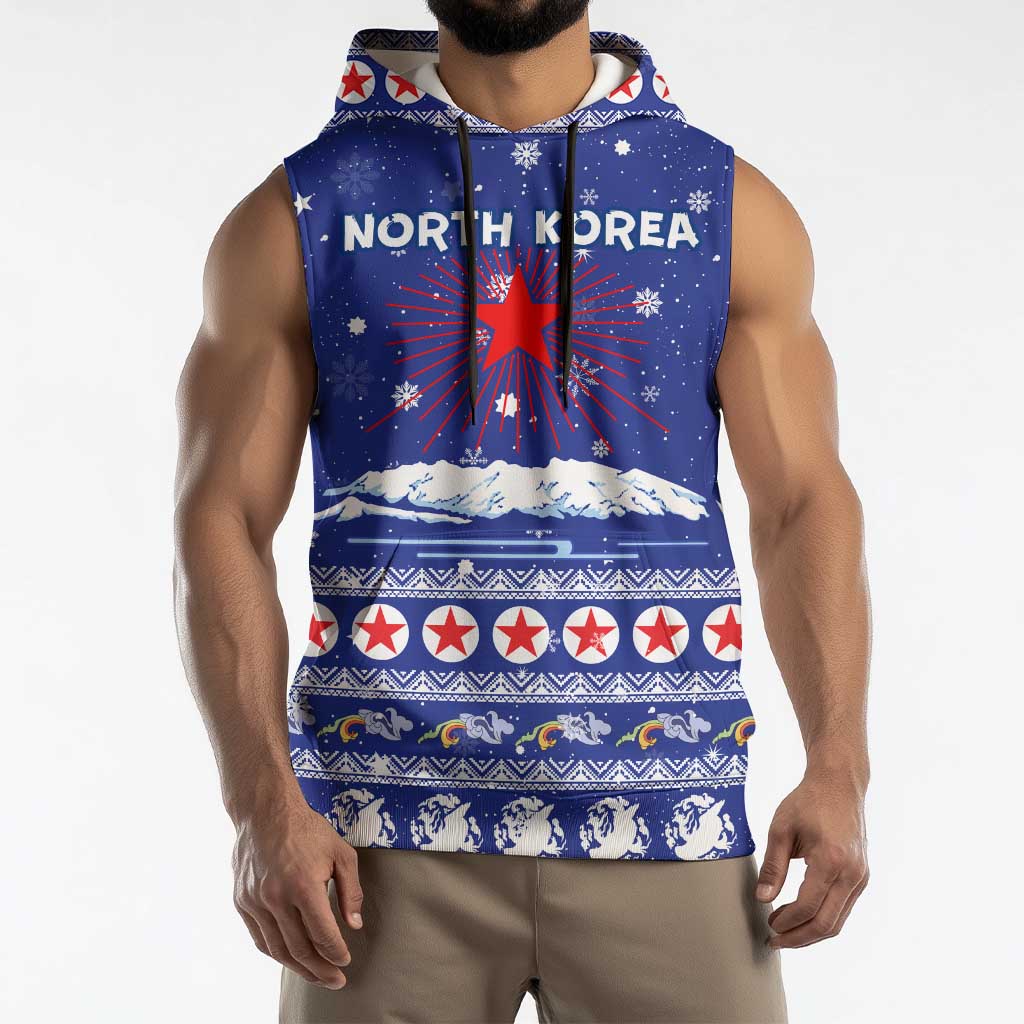 North Korea Christmas Sleeveless Hoodie with Blue Pattern, Red Star, and Snowy Mountain Motif - Wonder Print Shop