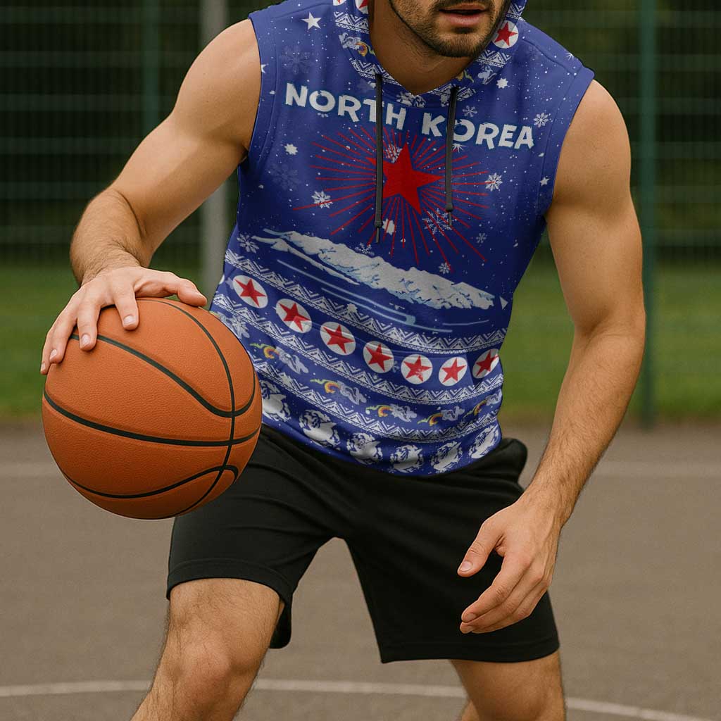 North Korea Christmas Sleeveless Hoodie with Blue Pattern, Red Star, and Snowy Mountain Motif - Wonder Print Shop