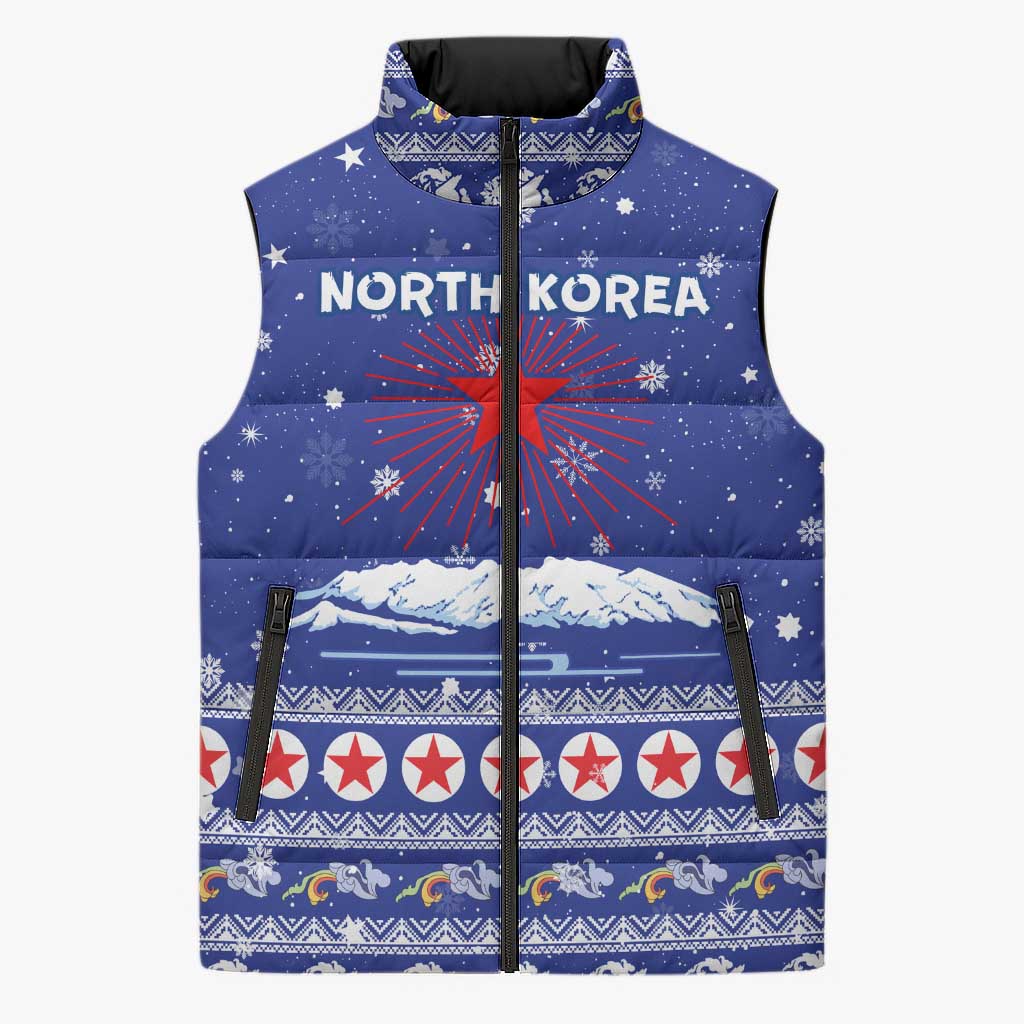 North Korea Christmas Sleeveless Puffer Jacket with Blue Pattern, Red Star, and Snowy Mountain Motif - Wonder Print Shop