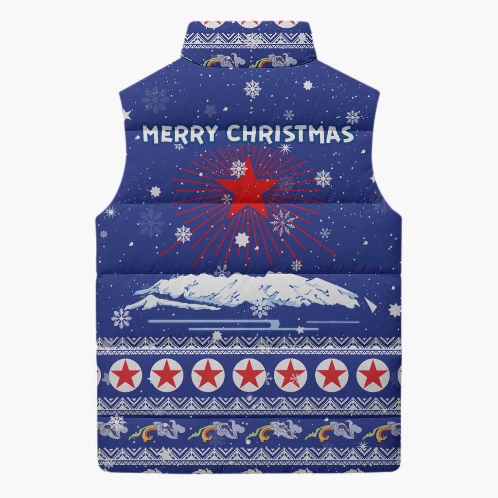North Korea Christmas Sleeveless Puffer Jacket with Blue Pattern, Red Star, and Snowy Mountain Motif - Wonder Print Shop