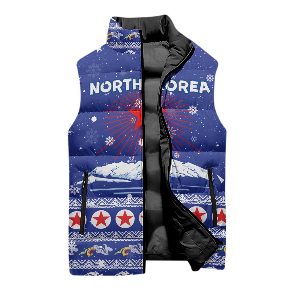 North Korea Christmas Sleeveless Puffer Jacket with Blue Pattern, Red Star, and Snowy Mountain Motif - Wonder Print Shop