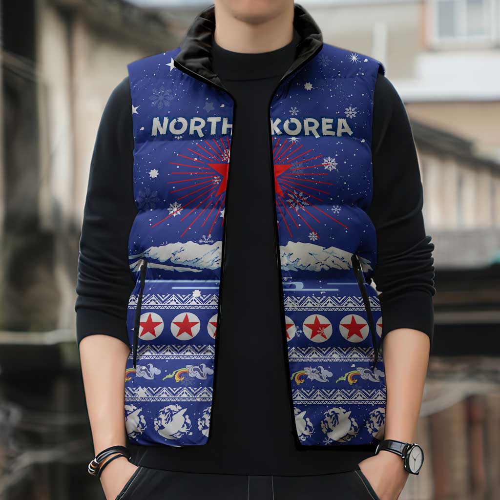 North Korea Christmas Sleeveless Puffer Jacket with Blue Pattern, Red Star, and Snowy Mountain Motif - Wonder Print Shop