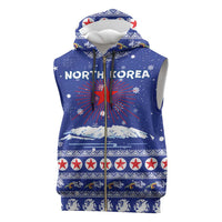 North Korea Christmas Sleeveless Zip Hoodie with Blue Pattern, Red Star, and Snowy Mountain Motif - Wonder Print Shop