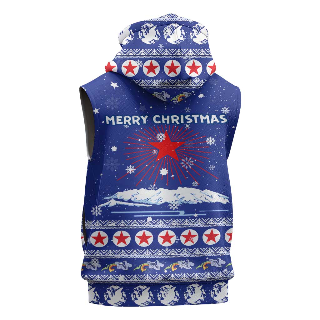 North Korea Christmas Sleeveless Zip Hoodie with Blue Pattern, Red Star, and Snowy Mountain Motif - Wonder Print Shop