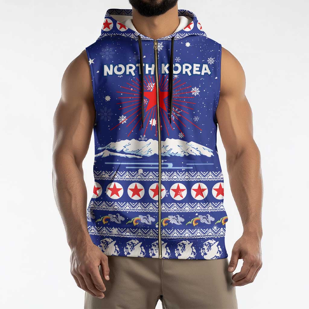 North Korea Christmas Sleeveless Zip Hoodie with Blue Pattern, Red Star, and Snowy Mountain Motif - Wonder Print Shop