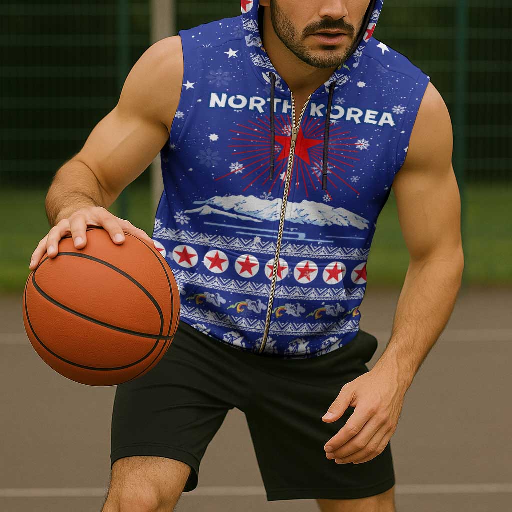 North Korea Christmas Sleeveless Zip Hoodie with Blue Pattern, Red Star, and Snowy Mountain Motif - Wonder Print Shop