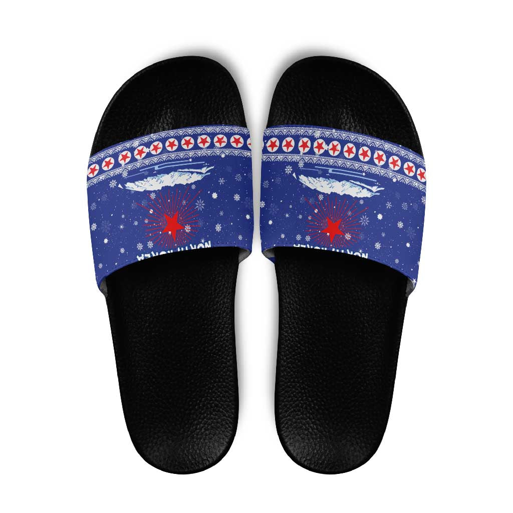 North Korea Christmas Slide Sandals with Blue Pattern, Red Star, and Snowy Mountain Motif - Wonder Print Shop