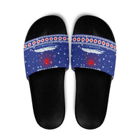 North Korea Christmas Slide Sandals with Blue Pattern, Red Star, and Snowy Mountain Motif - Wonder Print Shop