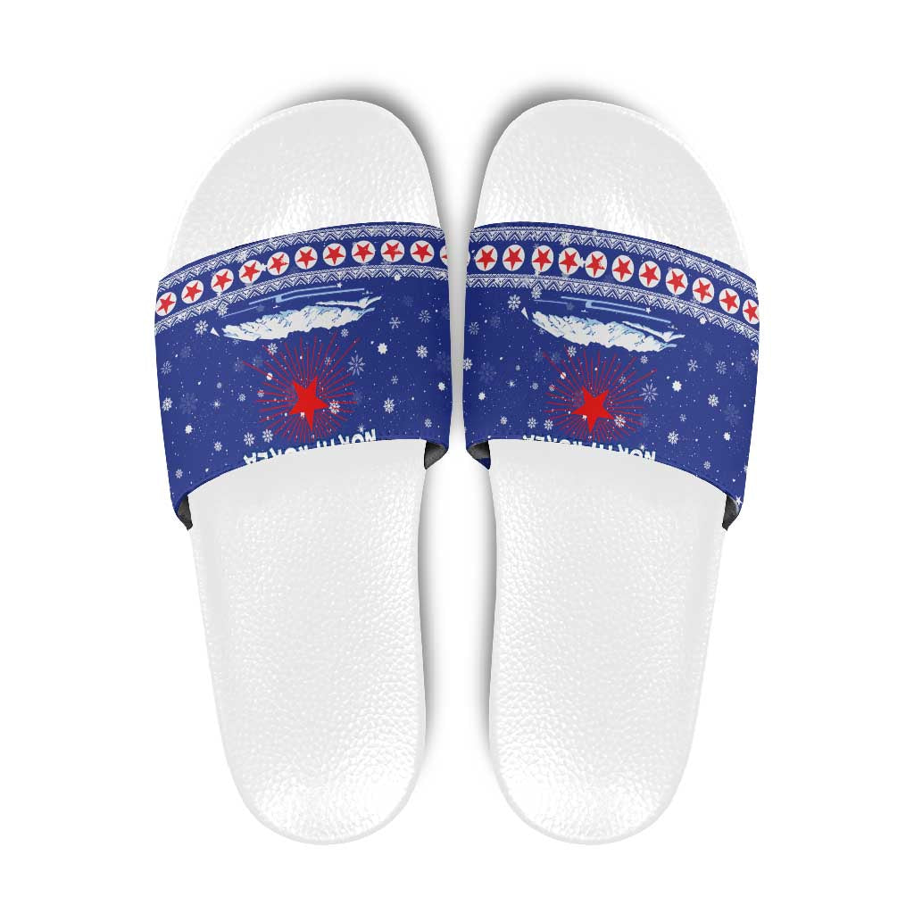 North Korea Christmas Slide Sandals with Blue Pattern, Red Star, and Snowy Mountain Motif - Wonder Print Shop